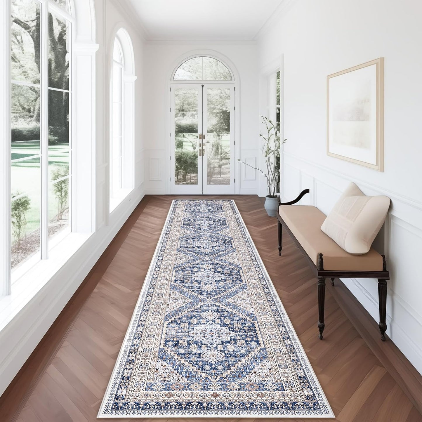 zesthome Washable Runner Rug 2.5x12 - Stain Resistant Entryway Rug,Ultra-Thin Kitchen Rugs, Anti Slip Backing Runner Rugs for Entrance Laundry Room Indoor Hallway (Blue/Beige,2.5'x12')