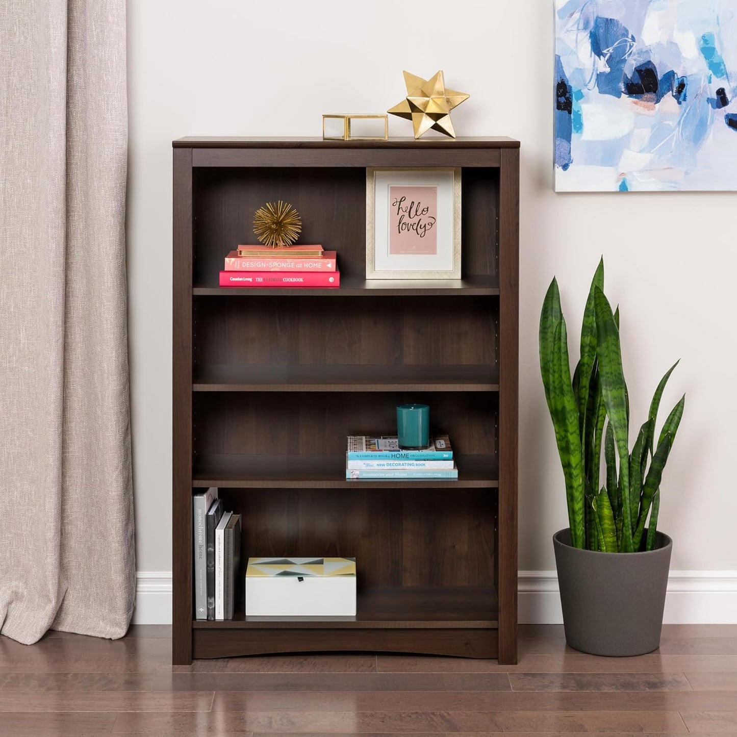 Prepac Sonoma 4-Tier Bookcase 48"H with 3 Adjustable Shelves, Espresso Storage Cabinet, Modern Display Cabinet, Bookshelf with Storage Shelves for Home Office, Living Room, Bedroom Organizer