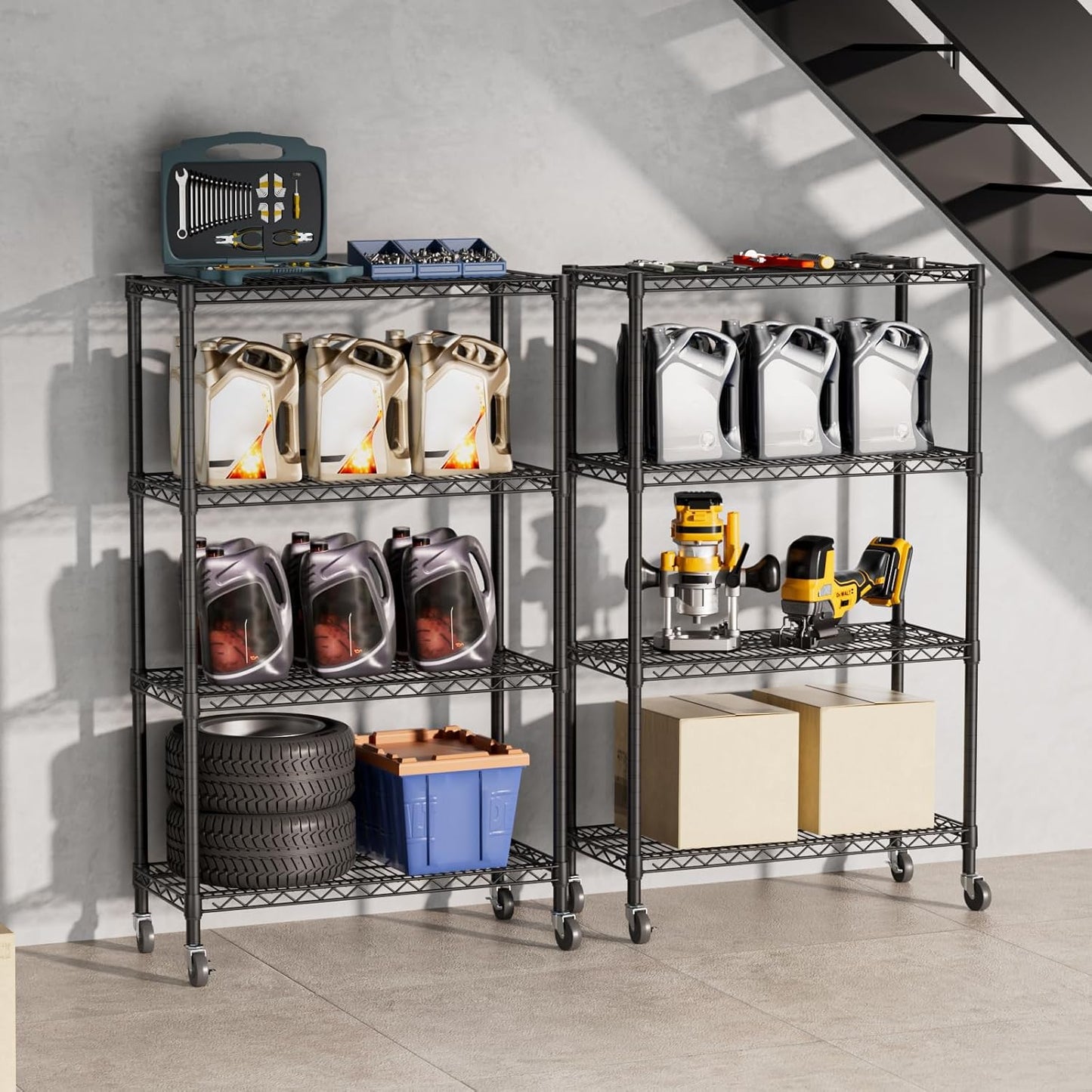 SINGAYE 4 Tier Adjustable Storage Shelf with Wheels Heavy Duty Shelving Unit Rack Shelves Wire for Garage Office Pantry Kitchen 14" Dx36 Wx58 H 1400LBS Black