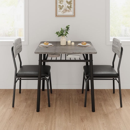 IDEALHOUSE 3-Piece Dining Table Set for 2 with Storage Rack, Wood Kitchen Table with Upholstered Chairs Set of 2, Small Square Table Set with Metal Legs Support, for Dining Room,Living Room