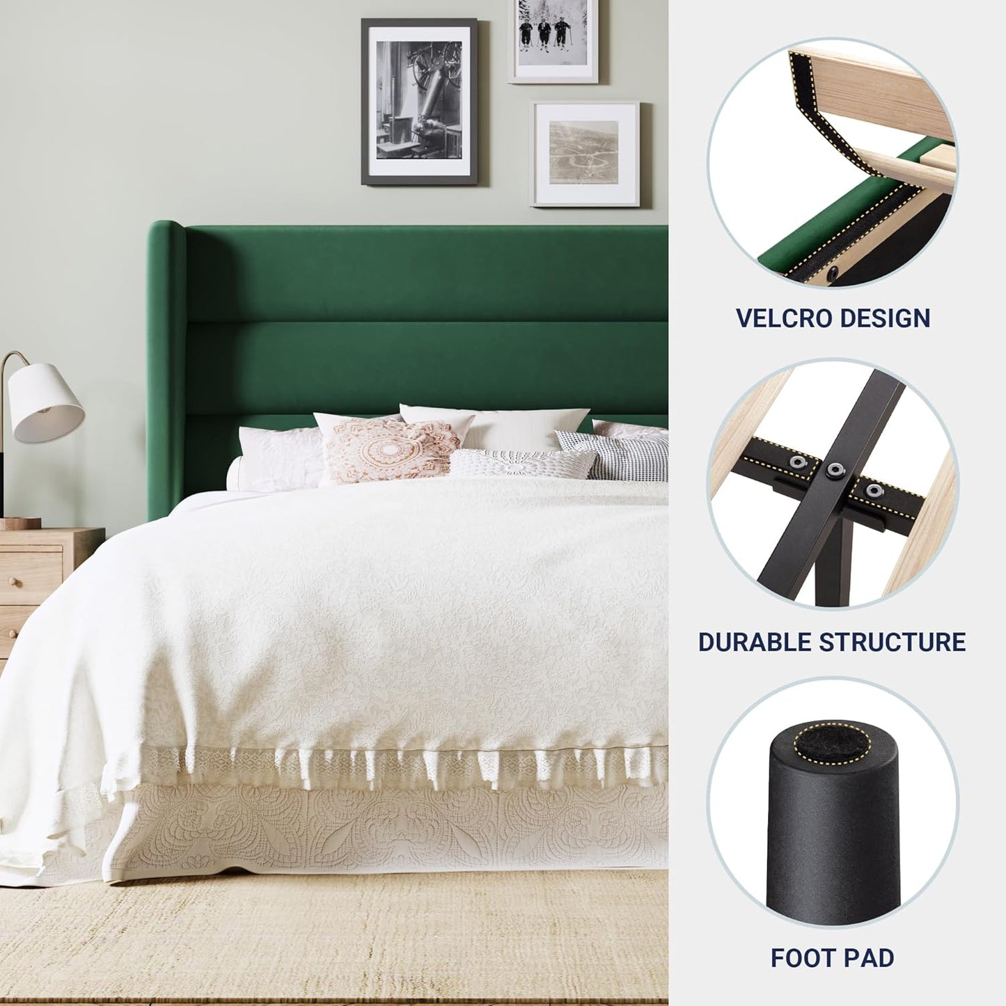 Allewie Queen Size Platform Bed Frame with Velvet Upholstered Wingback Headboard, No Box Spring Needed, Under Bed Storage Space, Strong Wooden Slats, Modern Mattress Foundation, Easy Assembly, Green