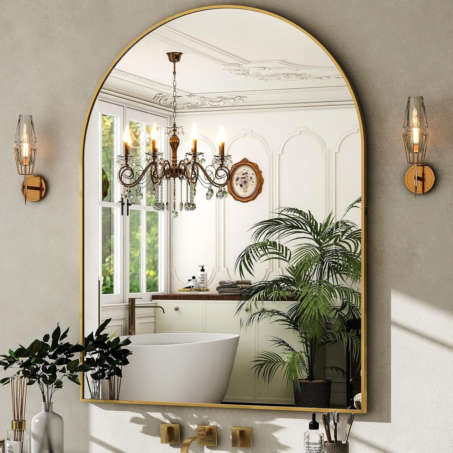 HARRITPURE Arched Wall Mirror – 30"x40" Arch Bathroom Mirror Metal Frame Vanity Mirror for Bedroom, Entryway Dresser Decor, Gold
