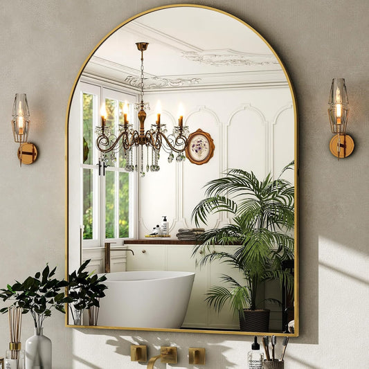 HARRITPURE Arched Wall Mirror – 30"x40" Arch Bathroom Mirror Metal Frame Vanity Mirror for Bedroom, Entryway Dresser Decor, Gold