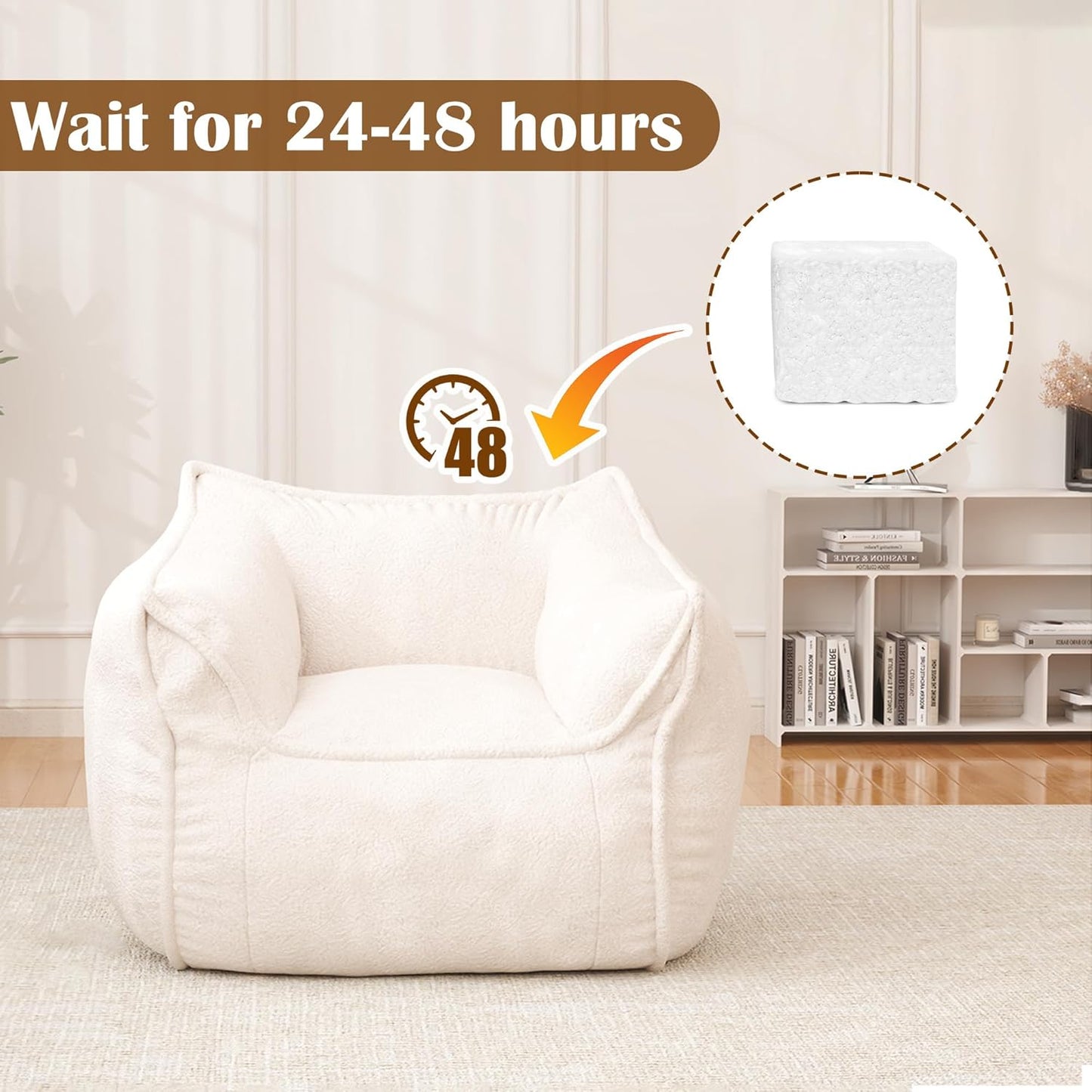 Giant Bean Bag Chair, Bean Bag Chair with Armrest for Adults, 45“W x 43.5" D Large Bean Bag Chair with Filler, Big Comfy Washable Sofa Chair for Living Room, Bedroom, Cream White
