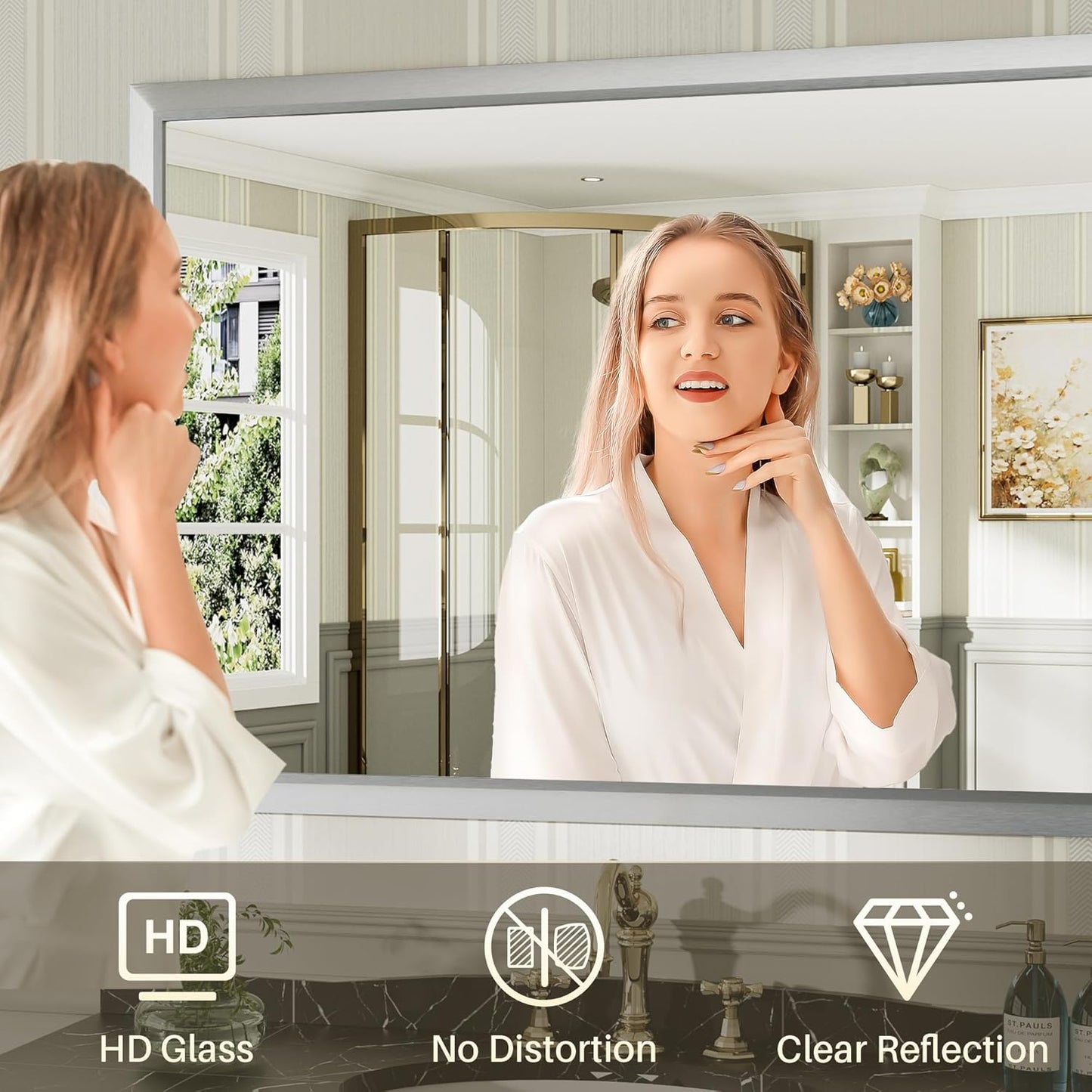 40x38 Inch Silver Bathroom Mirror for Wall, Thick Metal Framed Rectangle Mirrors for Over Sink, Bedroom, Living Room, Entryway, Anti-Rust, HD Tempered Glass