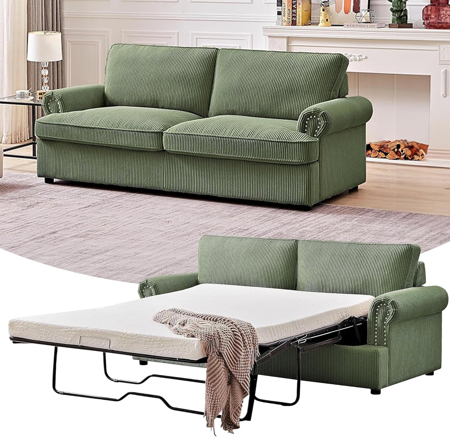Reversible Sleeper Sofa Bed with Comfortable Memory Foam Mattress, Convertible Corduroy Full Size Pull Out Couch for Living Room, Space Saving Furniture, 72" Wide, Rounded Arms, Dark Green