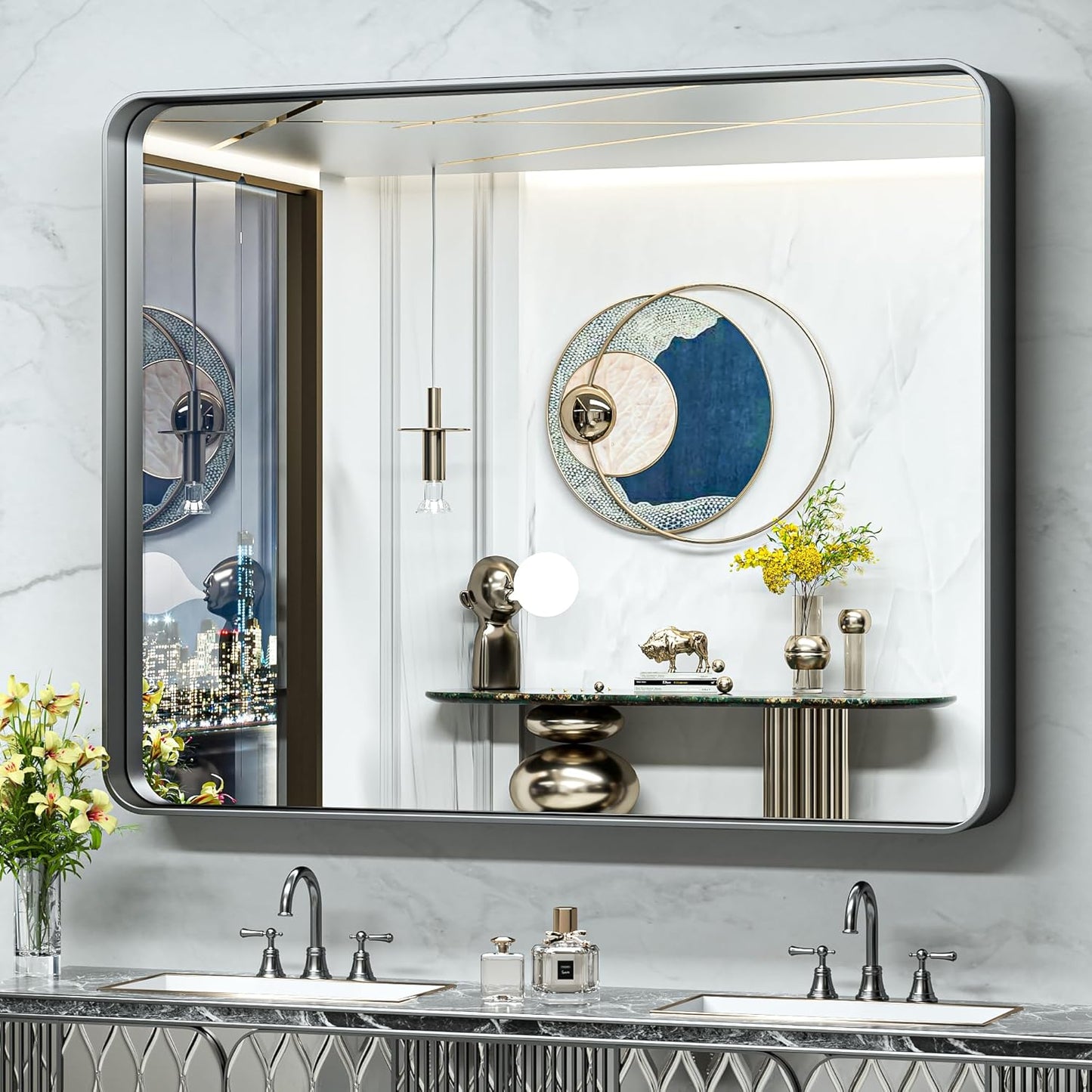 TokeShimi 48x40 Inch Wall Mirror Black Bathroom Vanity Mirror with Metal Frame Aluminum Alloy Soft Rounded Corner for Modern Farmhouse Wall Decor 1”Deep Set Design (Horizontal/Vertical)