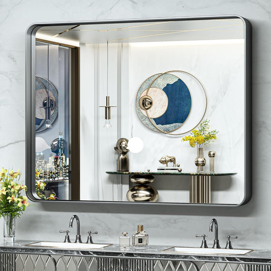 TokeShimi 48x40 Inch Wall Mirror Black Bathroom Vanity Mirror with Metal Frame Aluminum Alloy Soft Rounded Corner for Modern Farmhouse Wall Decor 1”Deep Set Design (Horizontal/Vertical)