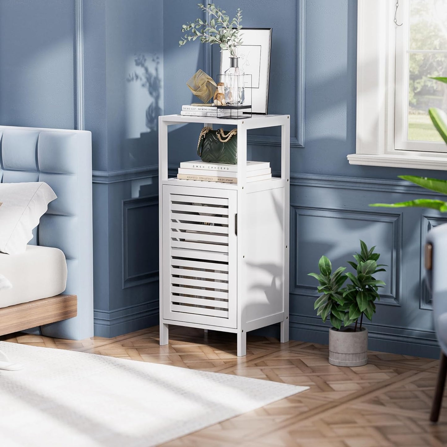 HITNET Bamboo Bathroom Storage Cabinet, 4 Tier Small White Floor Cabinet with Single Door, Free Standing Slim Narrow Storage Organizer for Bedroom Living Room