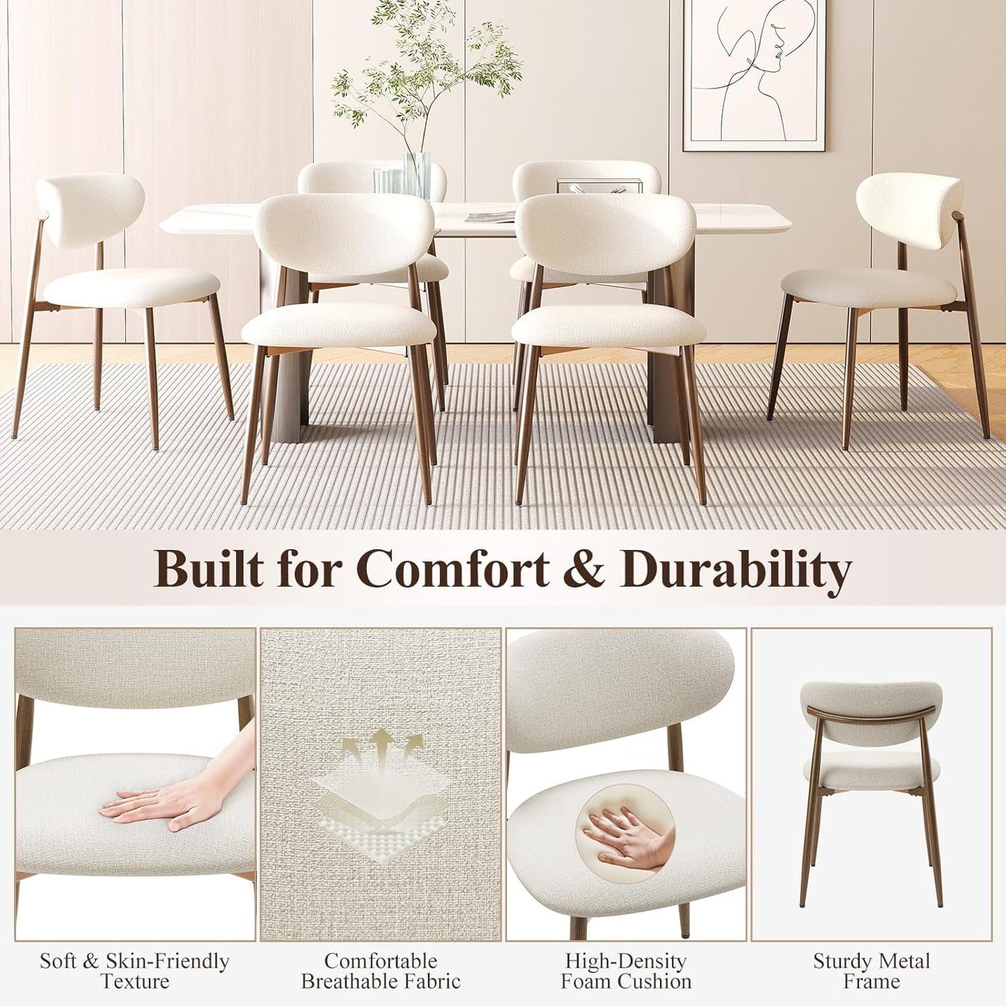 Dining Chairs Set of 6, Ergonomic Fabric Upholstered Seating with Wood Look Metal Legs and Anti Slip Pads, for Home and Restaurant Use, Beige
