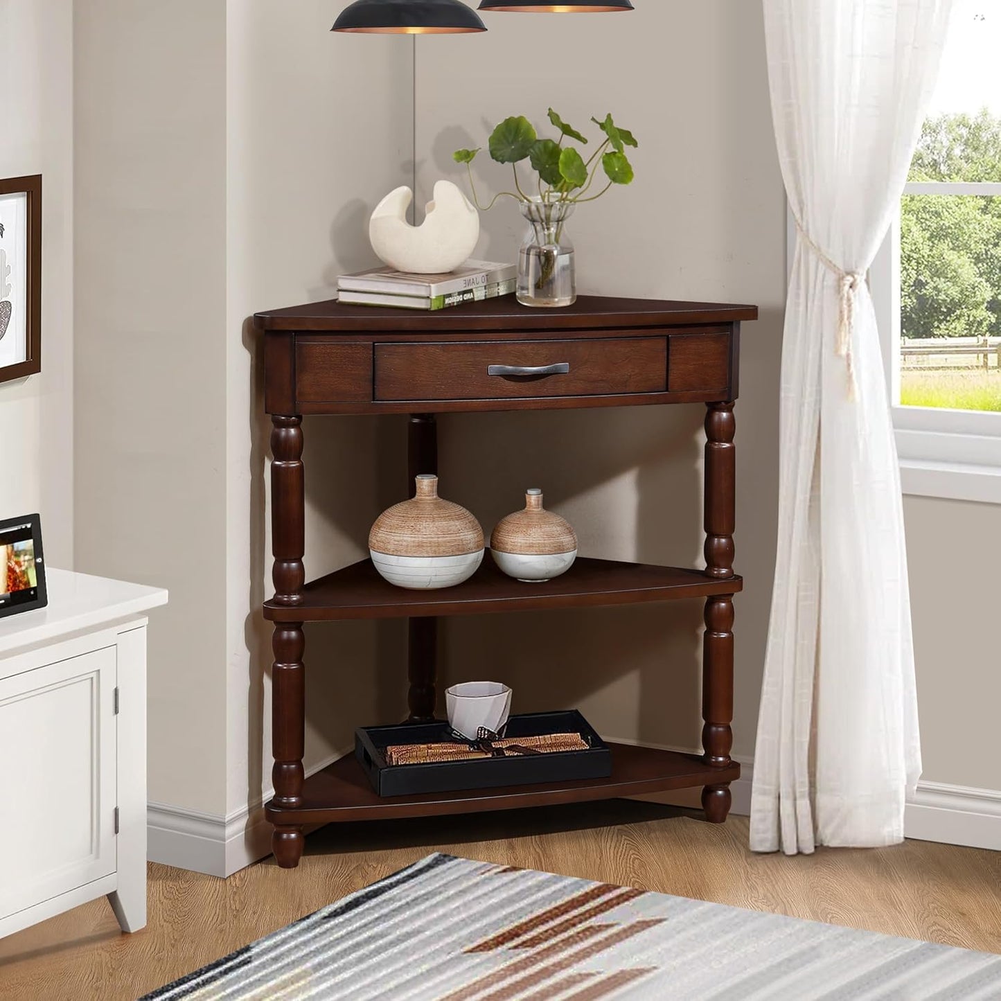 GDFStudio Trmxmbi 3 Tier Corner Console Table with 1 Storage Drawers and Shelves, 33.8'' Rustic Wood Triangle Sofa End Table for Small Spaces, Solid Wood Legs, Light Espresso