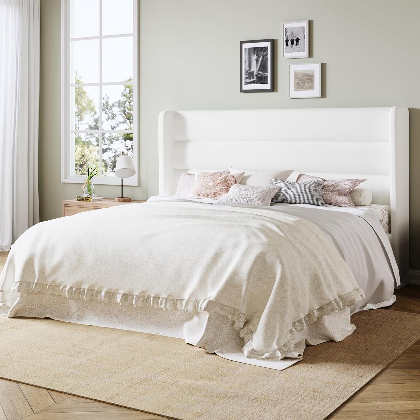 Allewie King Size Platform Bed Frame with Velvet Upholstered Wingback Headboard, No Box Spring Needed, Under Bed Storage Space, Strong Wooden Slats, Modern Mattress Foundation, Easy Assembly, White