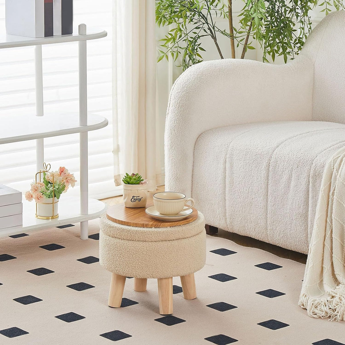 Wimarsbon Storage Ottoman, Modern Round Footrest with Soft Padded Seat, Teddy Velvet Footstool with Wood Legs, Accent Small Table or Plant Stand for Hallway, Living Room (Off-White)