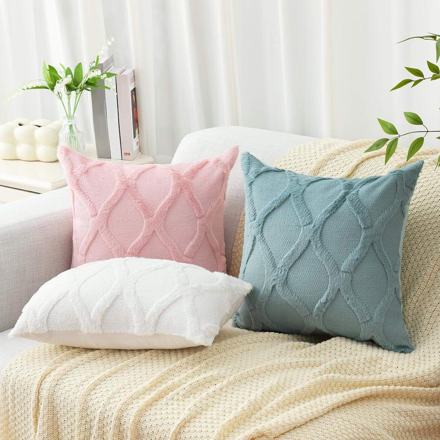 decorUhome Throw Pillow Covers 24x24 Inch Set of 2, Soft Plush Faux Fur Wool Aqua Couch Pillow Covers, Decorative Neutral Pillow Cases for Bed Sofa Living Room Home Decor