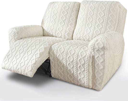 vctops 6 Pieces Geometric Jacquard Plush Recliner Loveseat Slipcovers Soft Fuzzy Fluffy Sofa Couch Cover Anti-Slip Furniture Protector with Elastic Bottom for Kids Cats Dogs(Cream,2 Seat)
