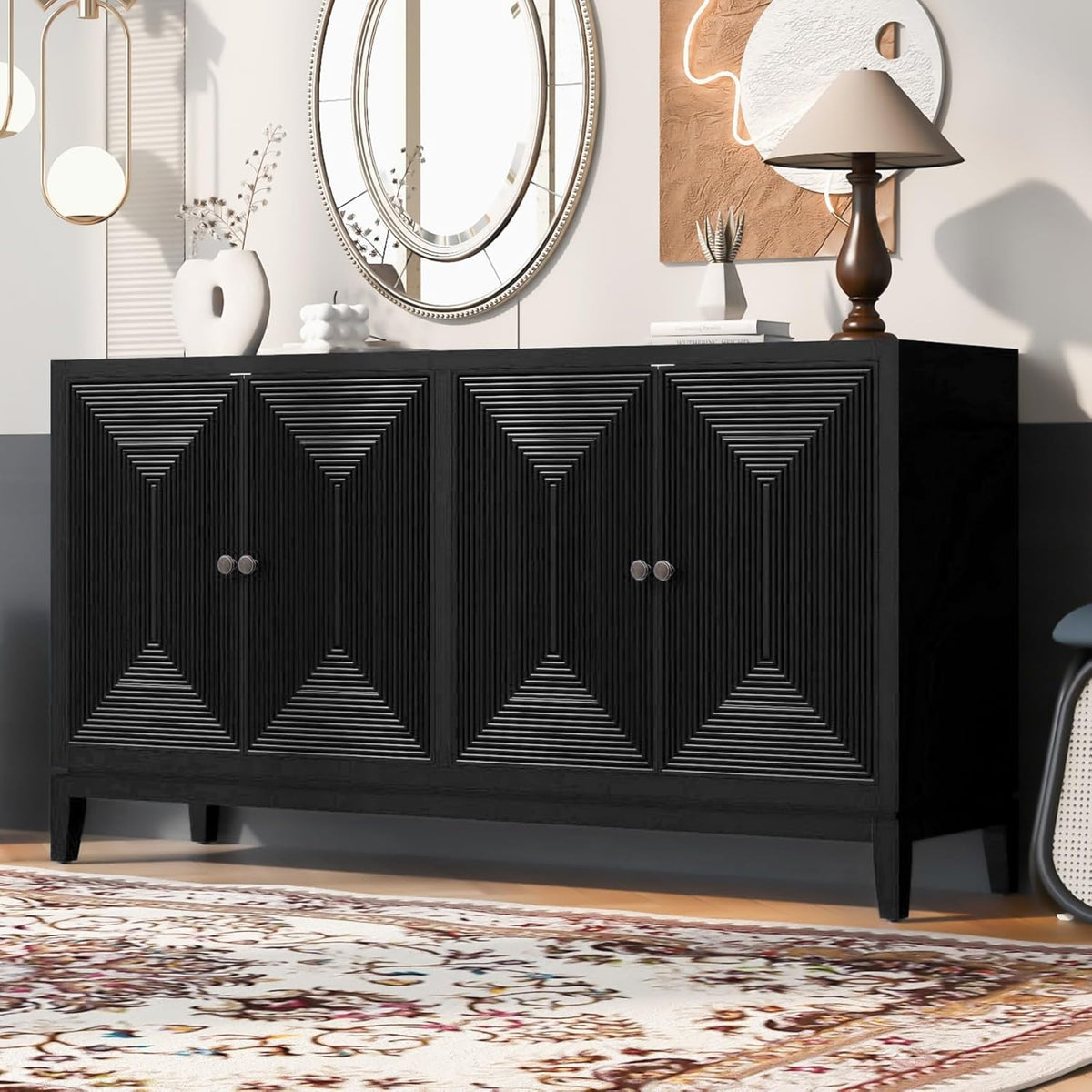 Merax 60" Sideboard Buffet Storage Cabinet with 4 Doors and Adjustable Shelves, Modern Wooden Accent Fluted Credenza Console Table for Kitchen, Study, Dining, Living Room, Coffee Bar, Entryway, Black