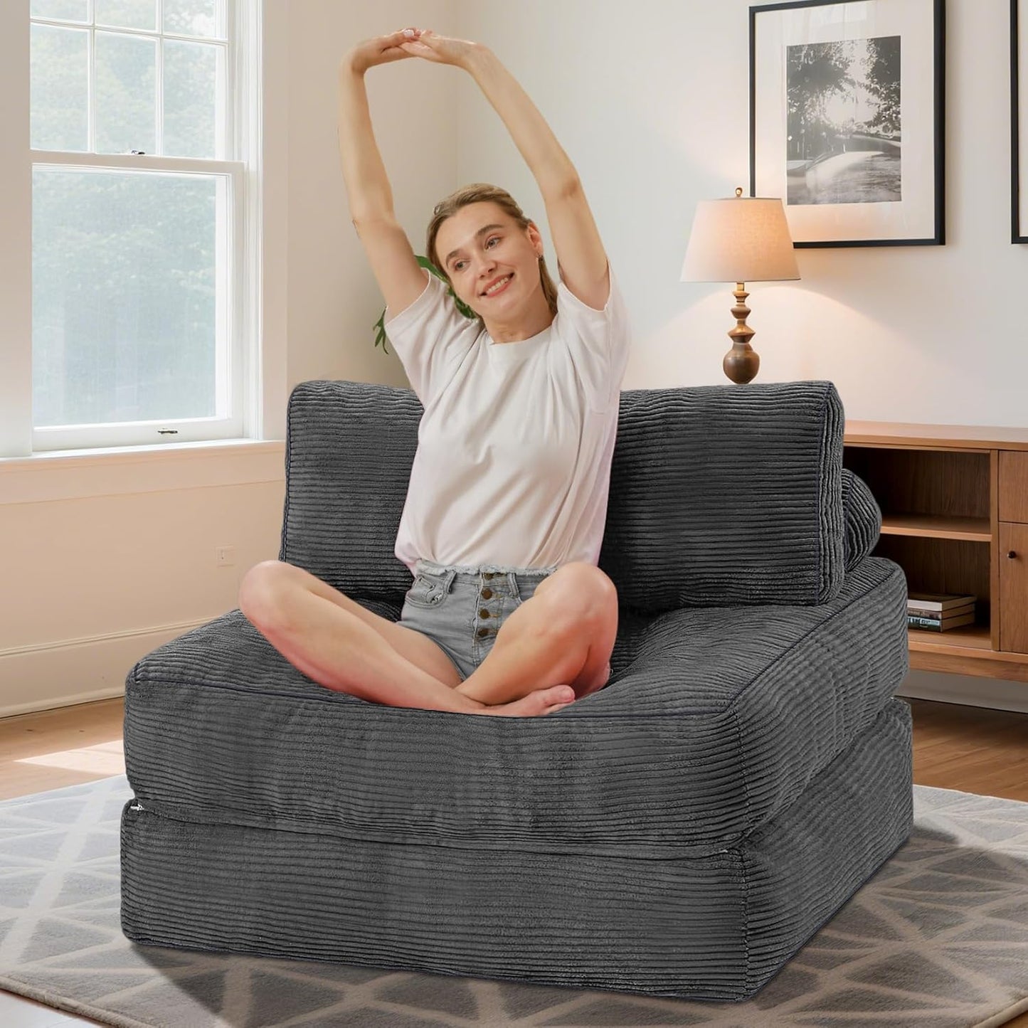 HABUTWAY Folding Sofa Bed, Convertible Sleeper Chair Bed w/Dual-Pillow & Handle, Foldable Floor Sofa Lounge w/Back Support for Living Room, Bedroom, Apartment, Office, Grey