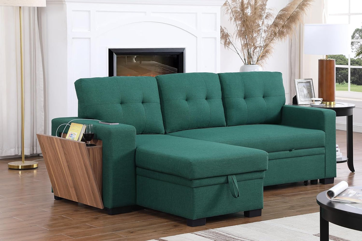 Ball & Cast Sectional Sleeper Sofa Bed,L-Shape Pull Out Couch,4 in 1 Pull-Out Sofabed W/Reversible Storage Chaise,USB Ports & Cup Holder,Convertible Sleeper Corner Couch W/Pull Out Bed,for Living Room