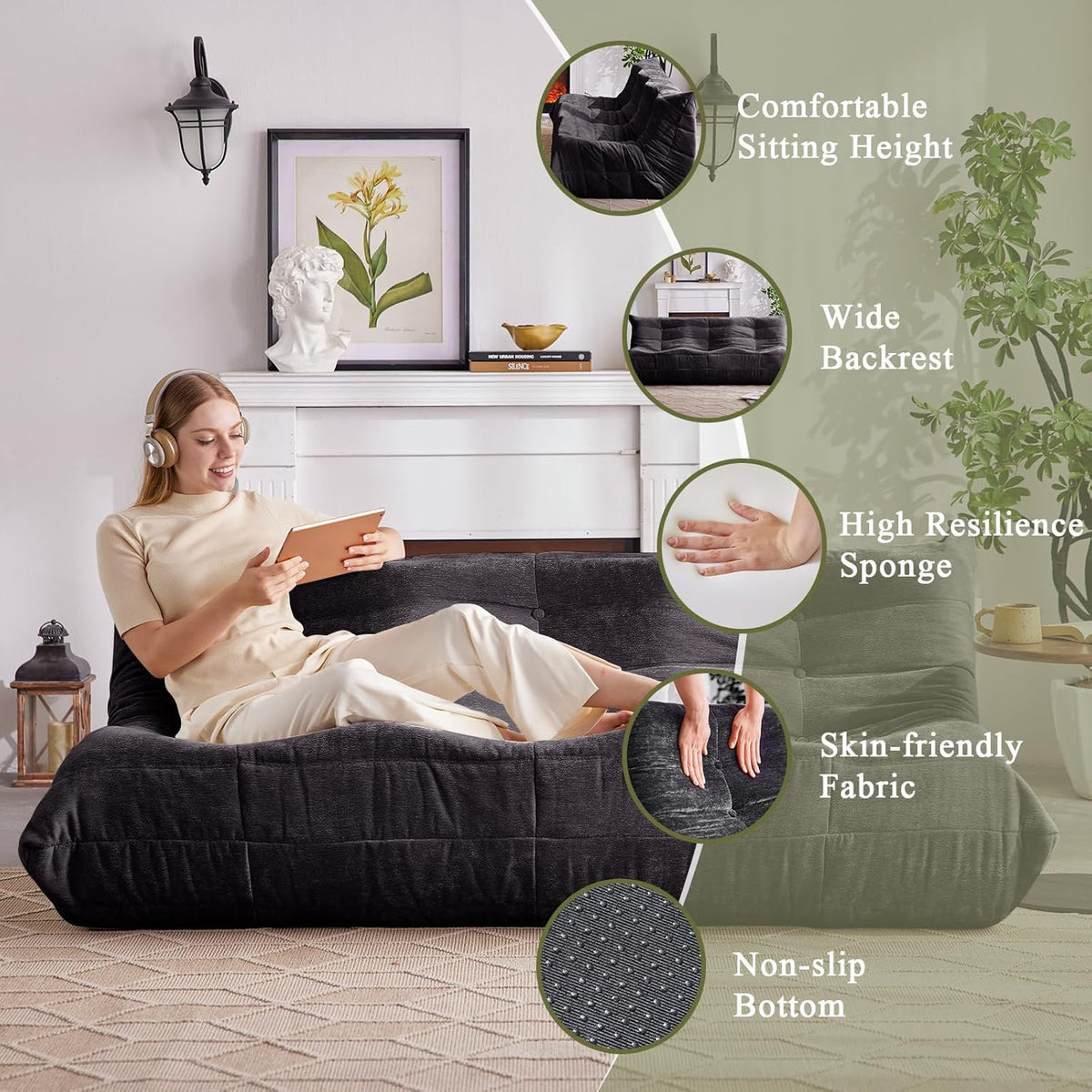 Bean Bag Chair, 3 Seater Fireside Chair Large Bean Bag Sofa for Adults, Memory Foam Chairs Gaming Chairs with Comfy Design & Soft Fabric, Lazy Floor Sofa for Living Room, Bedroom, Dark Gray