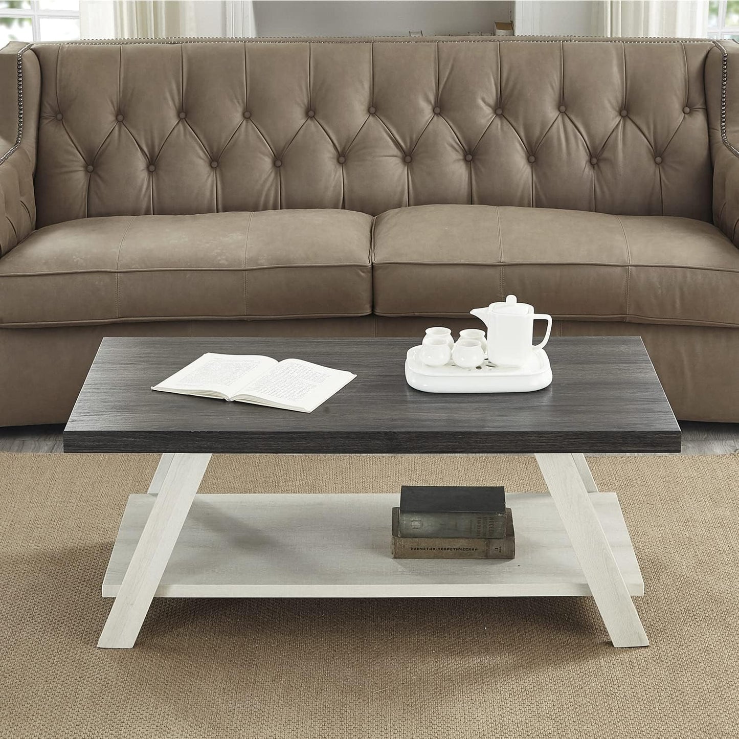 Roundhill Furniture Athens Contemporary Wood Shelf Coffee Table, Weathered Charcoal and Beige