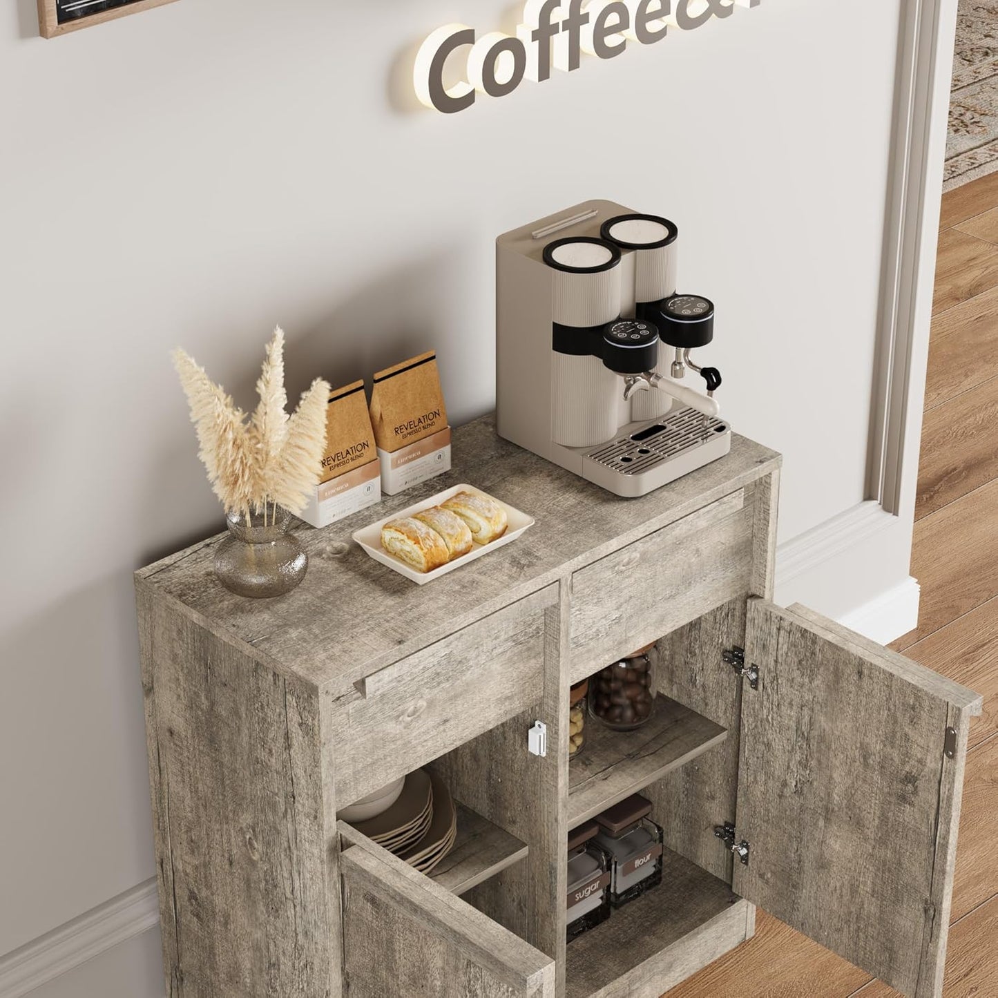 GarveeHome Sideboard Buffet Cabinet with 2 Drawers, 31.5" Large Coffee Cabinet with Storage, Modern Storage Buffet Table for Kitchen Dining Room, Living Room (Grey, 2 Doors & 2 Drawers)