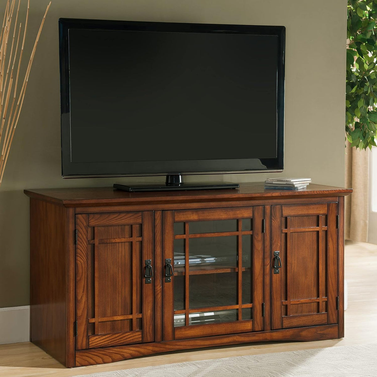 Leick Home 82350 Solid Wood Mission Oak Three Door TV Stand For 55" TVs Universal TV Console Living Room Storage Shelves Entertainment Center, Mission Oak