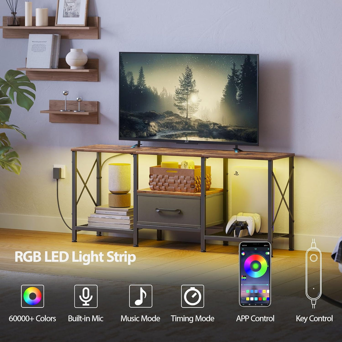 LED TV Stand with Fabric Drawer, Entertainment Center for 50 55 Inch TV, Industrial TV Console Table with Open Storage Shelves for Living Room, Bedroom, Rustic Brown