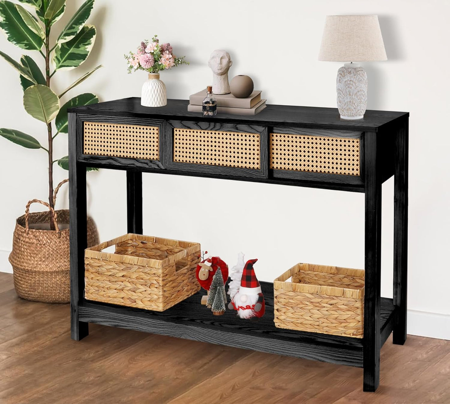 ZYBT Long Console Table, Rattan Entry Table, Console Tables for Entryway, Narrow Wood Console Table with Storage, Black Couch Table Hallway Table Boho Sofa Table for Living Room