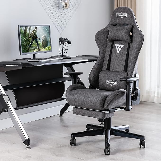 S*MAX Fabric Gaming Chair with Footrest Thicken Seat Ergonomic Gaming Chair with 3D Armrest Breathable Fabric Gamer Chairs for Adults Headrest Lumbar Support Gaming Chairs for Adults Grey