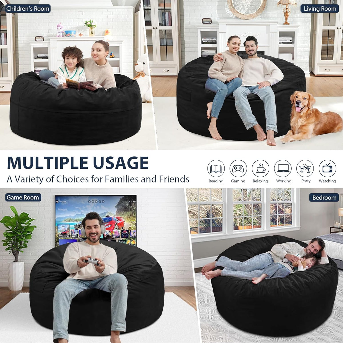 4FT Bean Bag Chair, Large Bean Bag Chairs with Memory Foam Filled, Fluffy Beanbag Sofa with Dutch Velvet Cover, Round BeanBag Chairs for Living Room, Playroom - Black