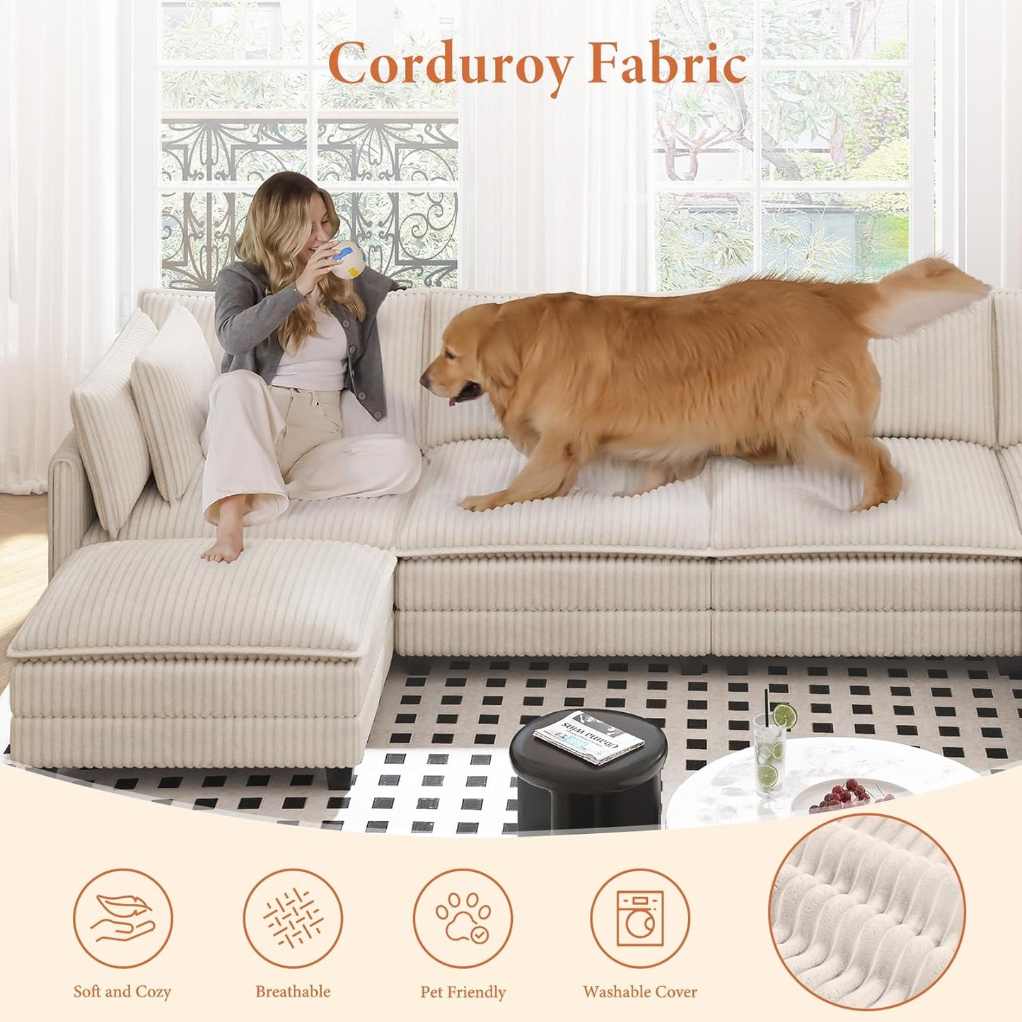 Vesgantti 109" L Shaped Cloud Sectional Couch, Comfy Corduroy Upholstered Modular Couches for Living Room, Modern 3 Seater Sectional Sofa with Ottoman Deep Seat, Beige