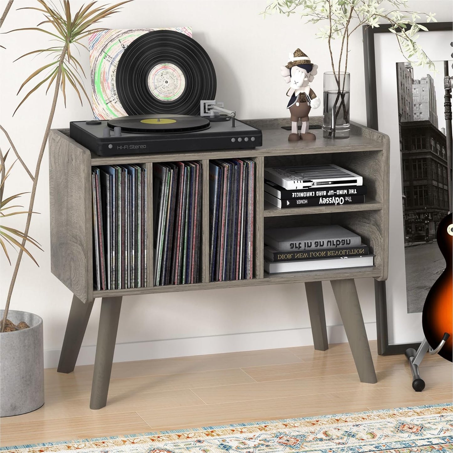 Forevich Record Player Stand Table with Vinyl Storage Holder Large Turntable Record Stand with Power Outlet Holds Up to 220 Albums Display Shelf Cabinet with Wood Legs for Living Room Oak