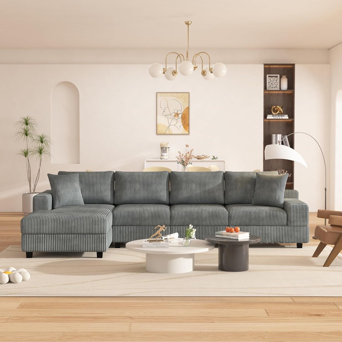 Eafurn 132.68" Oversized L Shaped Modular Sectional Sofa Couch with Reversible Chaise Lounge Daybed, Modern Corduroy Upholstered Corner Lounge Couch with Thick Cushions and Headrest