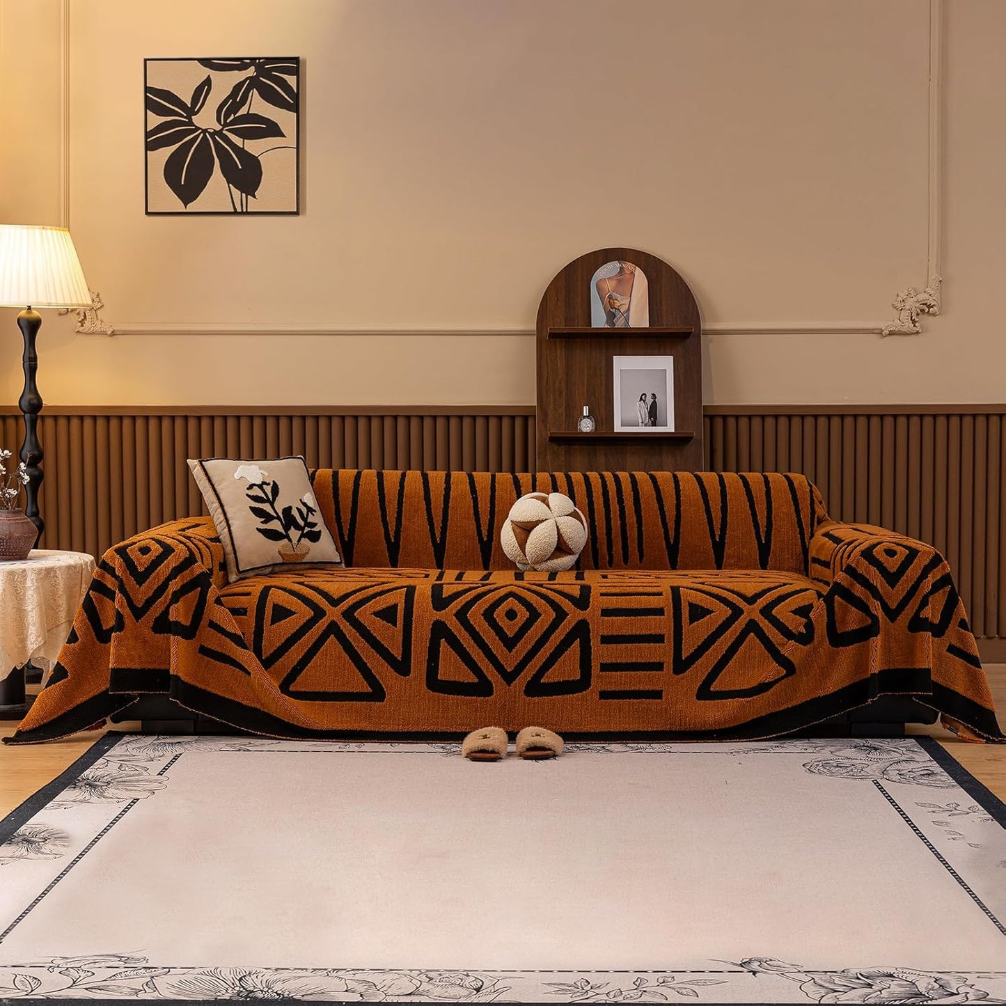 HANDONTIME Sofa Covers for Couch Pet-Friendly Caramel Black Couch Cover for Dogs Shu Velveteen Short Plush Sofa Covers for 3 Cushion Boho Brunt Orange Furniture Protector Washable, 71" X134"