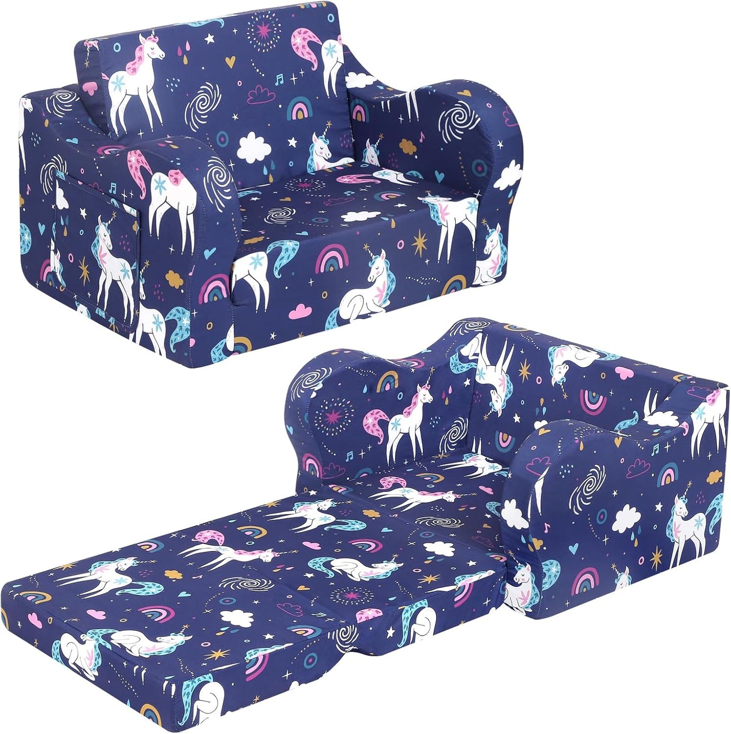 Rainbow Unicorn Kids Sofa, 2-in-1 Kids Couch Fold Out, Convertible Sofa to Bed for Girls and Boys