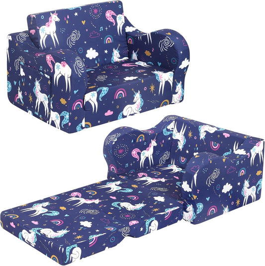 Rainbow Unicorn Kids Sofa, 2-in-1 Kids Couch Fold Out, Convertible Sofa to Bed for Girls and Boys
