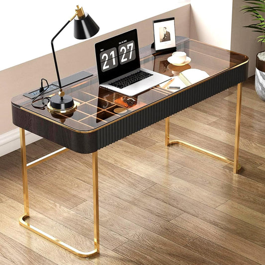 Lartis Makeup Vanity no Mirror with Built-in Outlet Home Office Desk Computer Desk for Makeup Working Studying Intelligent Socket with USB Port