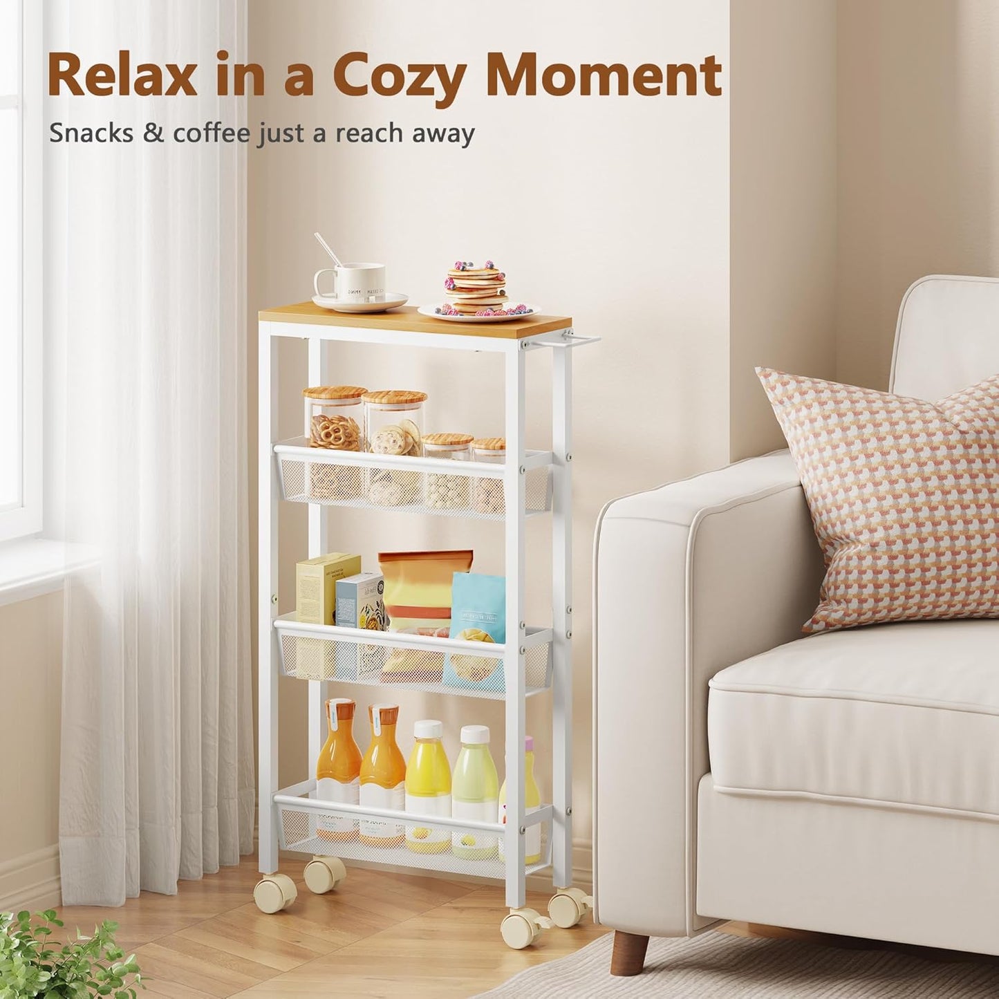 Hoctieon Slim Rolling Storage Cart, 4-Tier Narrow Kitchen Storage Cart with Handle & Wheels, Mobile Shelving Unit, Wooden Top & Metal Frame, Utility Cart for Kitchen, Small Spaces, Oak Beige