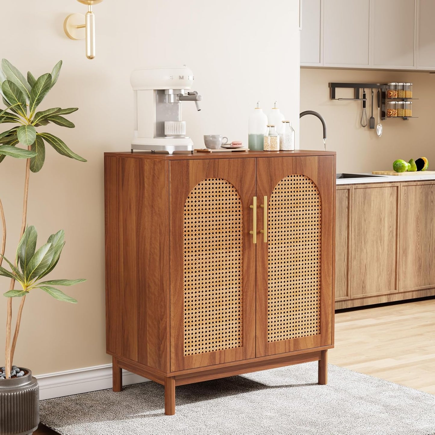 Tribesigns Set of 2 Rattan Sideboard Buffet with Storage, 59 Inch Accent Cabinet with Doors, Storage Cabinet for Dining Room, Living Room, Kitchen, Caramel Brown