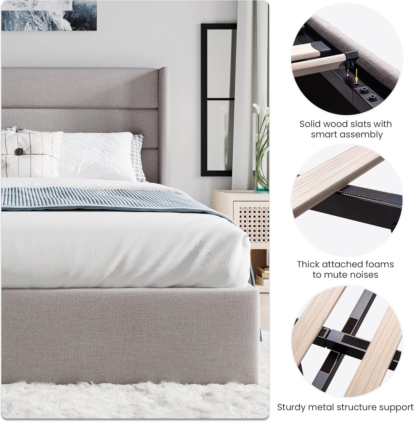 SHA CERLIN Full Size Lift Up Storage Bed/Modern Wingback Headboard/Upholstered Platform Bed Frame/Hydraulic Storage/No Box Spring Needed/Wood Slats Support/Light Beige