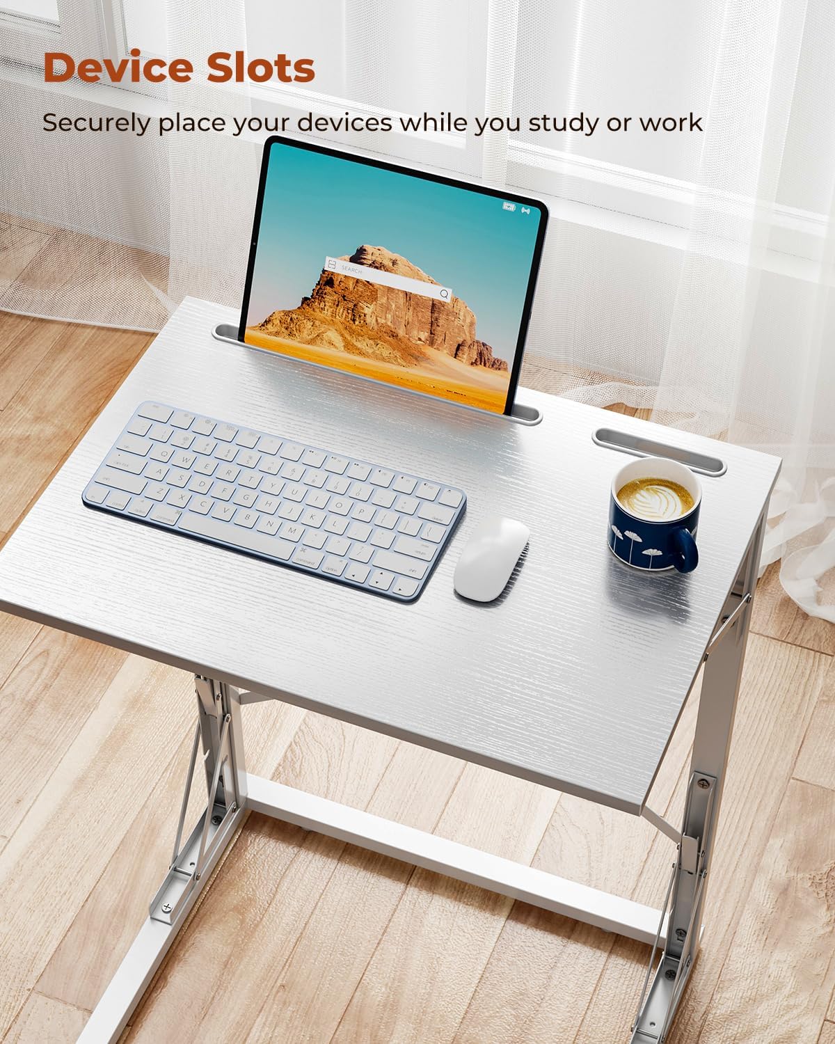21''Wx28''H Folding TV Tray for Eating, Small Foldable C-Shaped Tray Table with Tablet and Phone Slots, Slide Under Couch Side Table for Recliner, Living Room, Bedroom, White