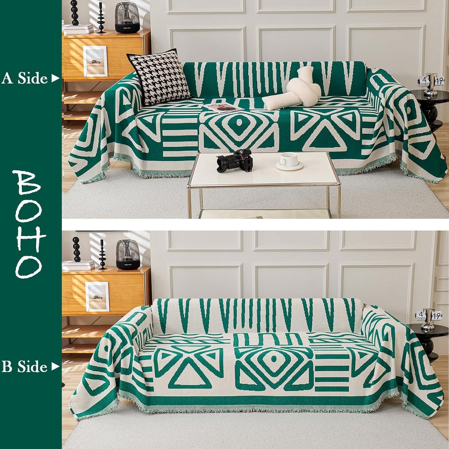 HANDONTIME Dark Green Couch Cover Boho Sofa Covers Washable Forest Green Dog Covers for Couches Reversible Couch Blanket Cover Geometric L Shaped Couch Covers for 2 3 Couch Cushion Cover, 91" X150"