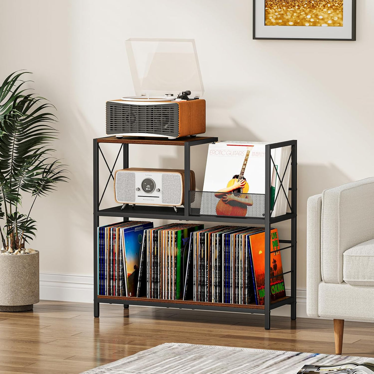 Snughome Large Vinyl Record Player Stand, Holds Up to 300 Albums, Wooden Record Display Table with 3 Adjustable Divider for Turntable Stand, Large Record Player Table Vinyl Album Storage