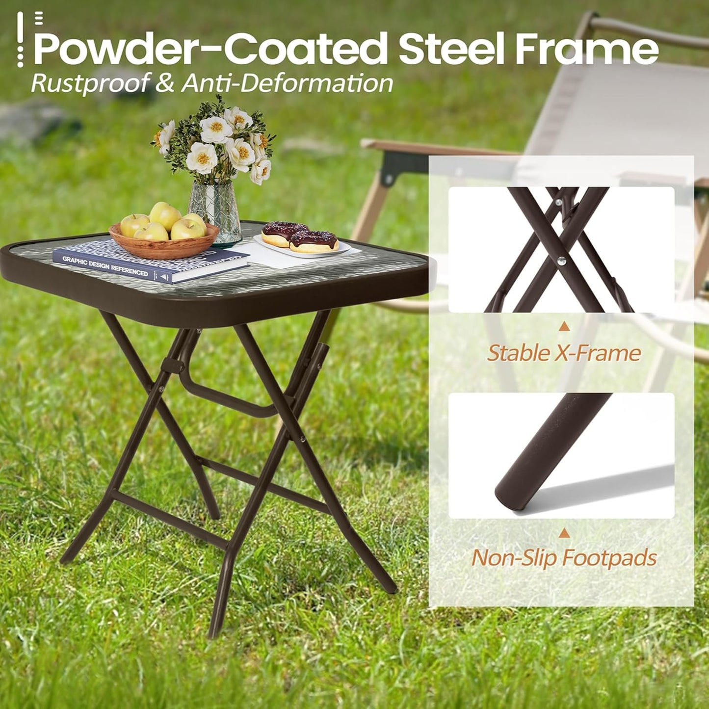 Foldable Outdoor Side Table Set of 2 with Tempered Glass Top Square 18" Folding Patio Side Tables Set of 2 Small Glass End Table for Patio Porch Yard Balcony Deck Lawn Dining Garden (Brown)