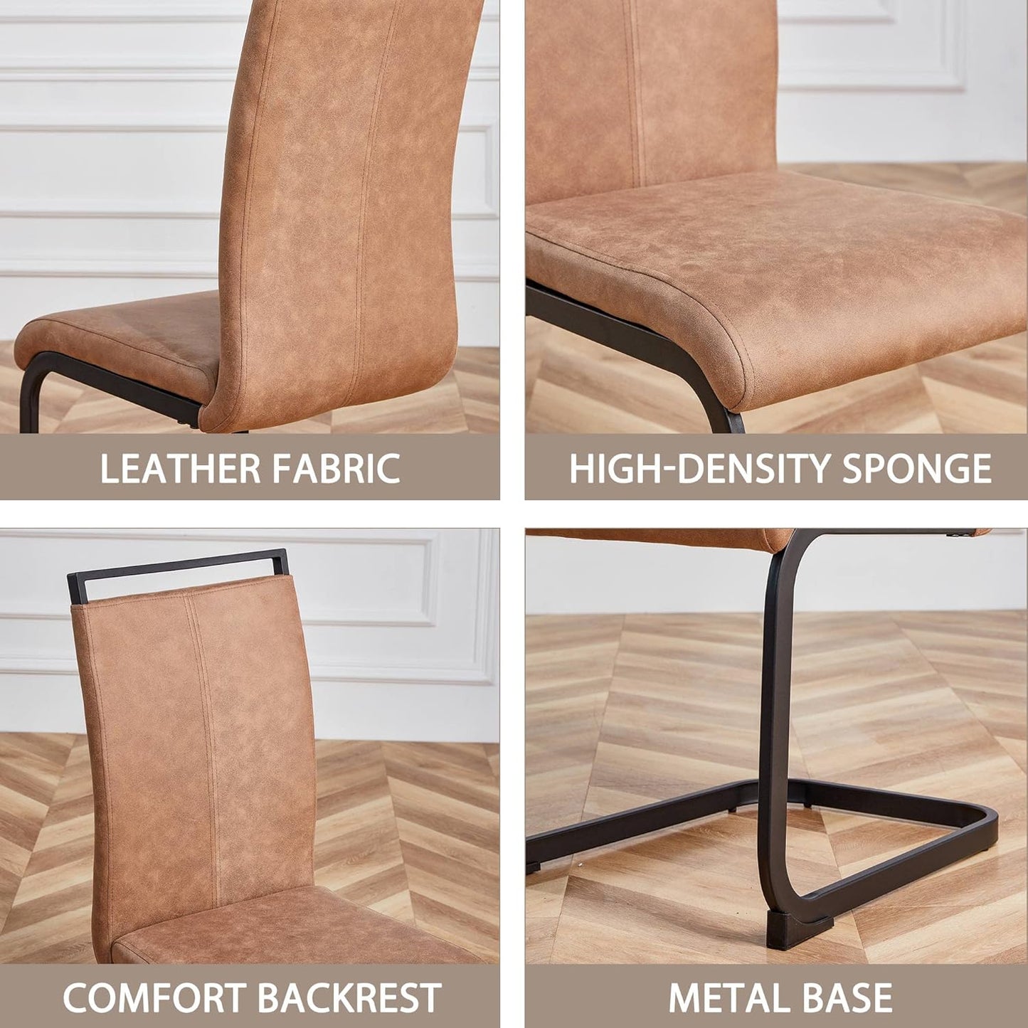 Dining Chairs Set, Kitchen Modern Metal Chairs with Faux Leather Padded Seat High Back and Sturdy Chrome Legs, Chairs for Dining Room (Brown, Set of 4)