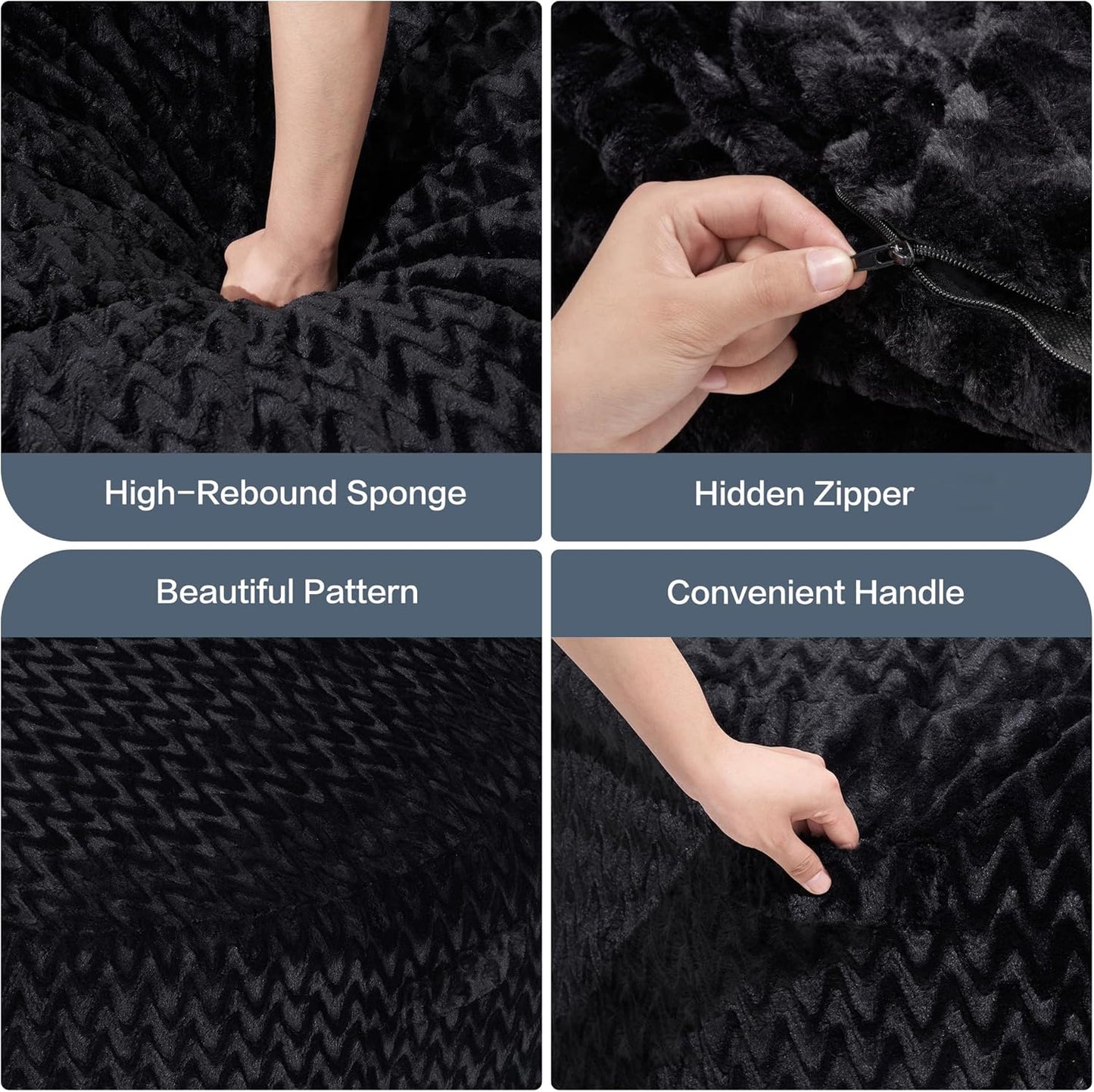 Hobestluk 5ft Bean Bag Chairs for Adults Large Beanbag Chair with Chevron Plush Fur Cover Big Bean Bag Chair for Living Room Bedroom Dorm Office - Black (50” x 50” x 24”)