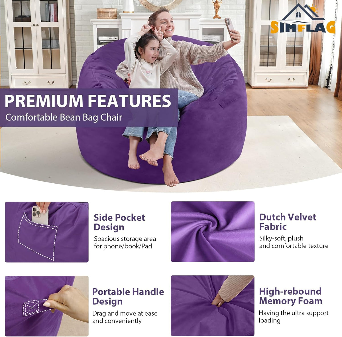 3FT Bean Bag Chair, Comfy Bean Bag Chairs with Memory Foam Filled, Fluffy Beanbag Sofa with Dutch Velvet Cover, Round BeanBag Chairs for Living Room, Playroom - Purple