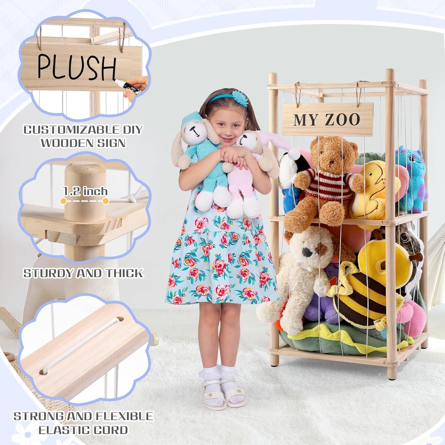 Stuffed Animal Storage Zoo, Wooden Stuffed Animal Organizer with Elastic Cords for Boys Girls, Space Saving Toy Plushies Storage Holder for Playroom, Bedroom, Living Room (Burlywood, Small)