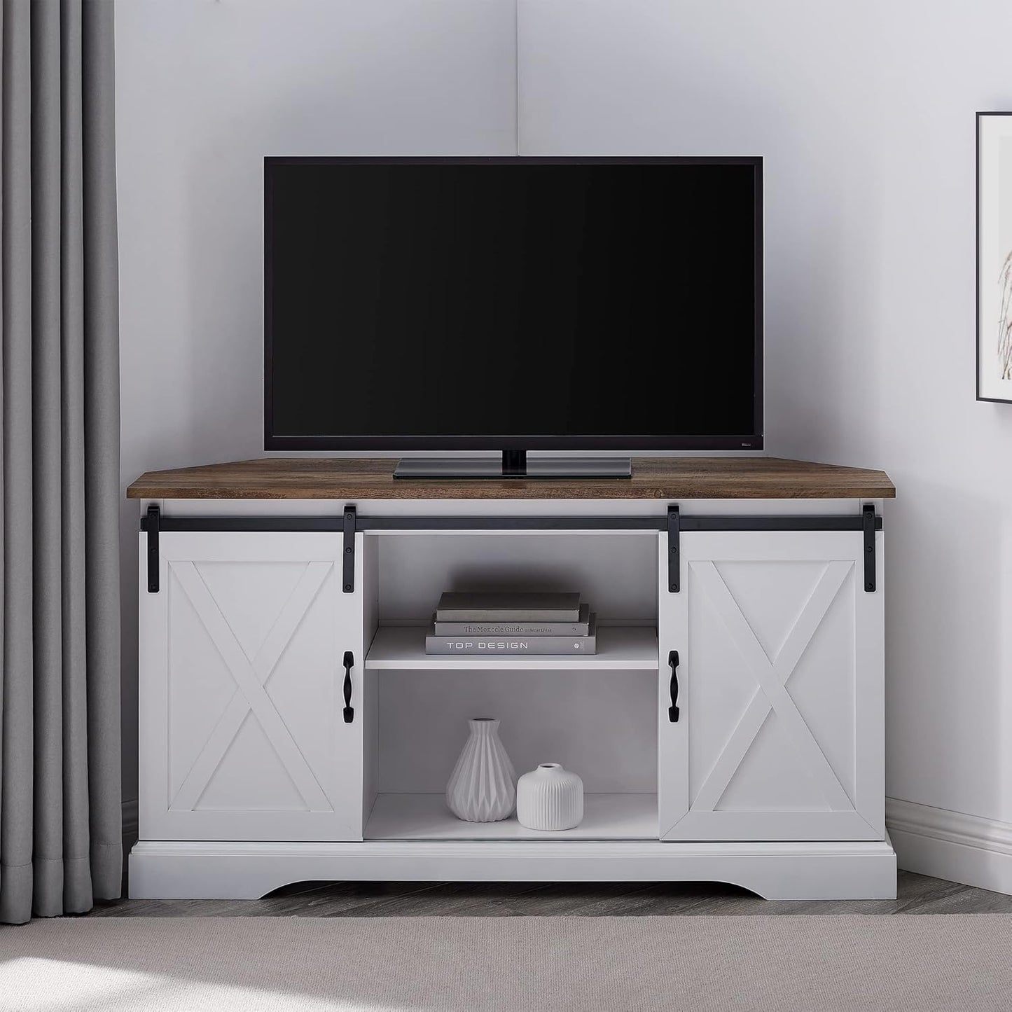 Walker Edison Everette Modern Farmhouse Double Sliding X Barn Door Stand for TVs up to 58 Inches, 52 Inch, Reclaimed Barnwood and Solid White