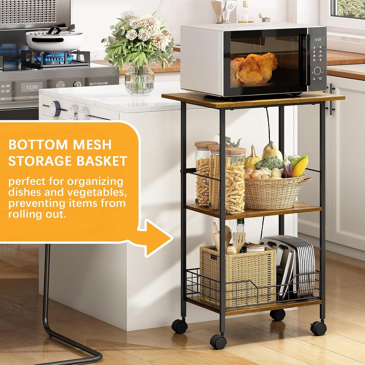 Microwave Cart with Storage, 3-Tier Rolling Kitchen Stand with Wire Basket, Wood and Metal Utility Cart on Wheels, Coffee Bar Station, Small Baker’s Rack As Kitchen Island, Microwave Shelf Organizer